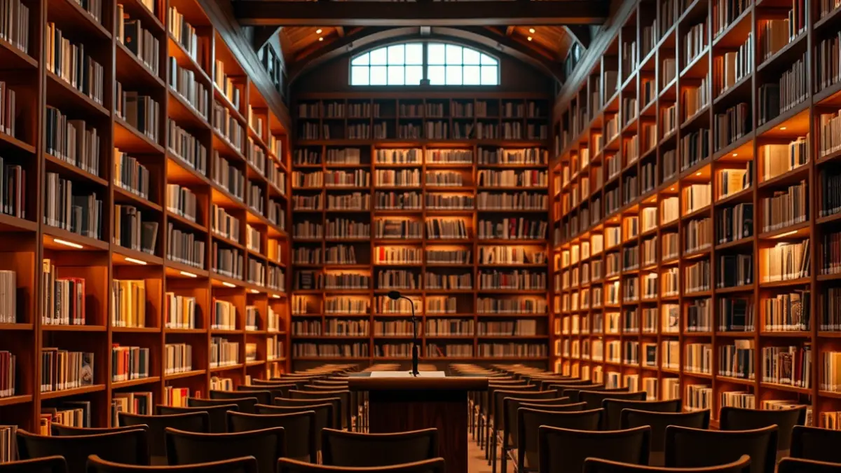 Imatge genèrica d'una biblioteca amb prestatgeries de fusta i un faristol amb micròfon, amb una il·luminació càlida.