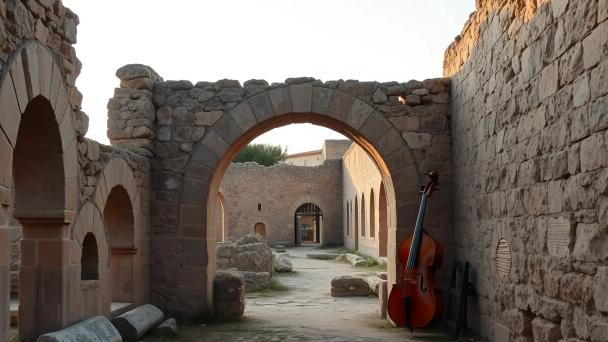 Image of an ancient stone archway in a historical site with musical instruments, representing the concert project in war vestiges.