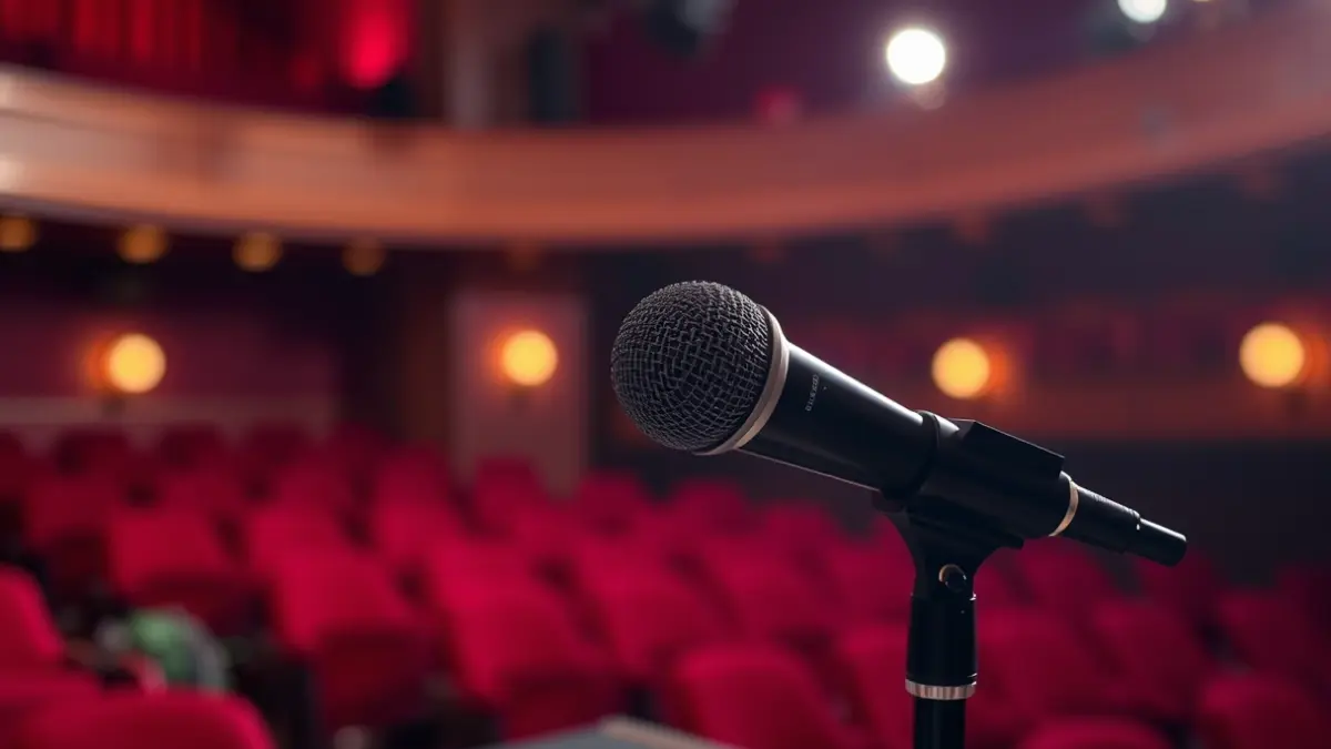 Generic image of a microphone on a podium, with blurred theater seats in the background, suggesting a film festival.