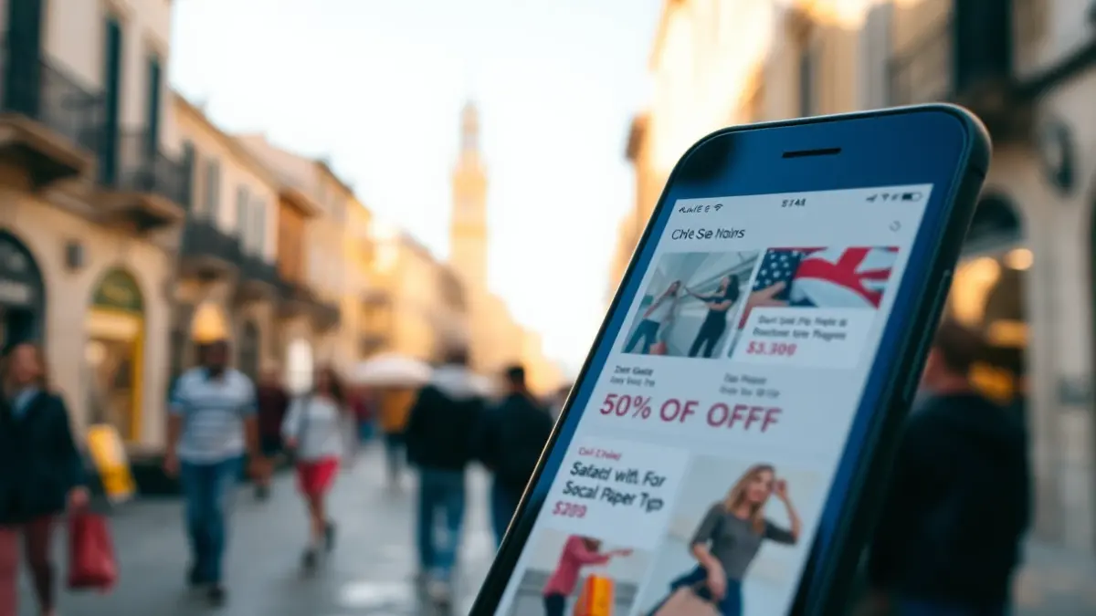 Imagen genérica de un smartphone mostrando ofertas y descuentos en una aplicación de compra, con un fondo urbano difuminado.