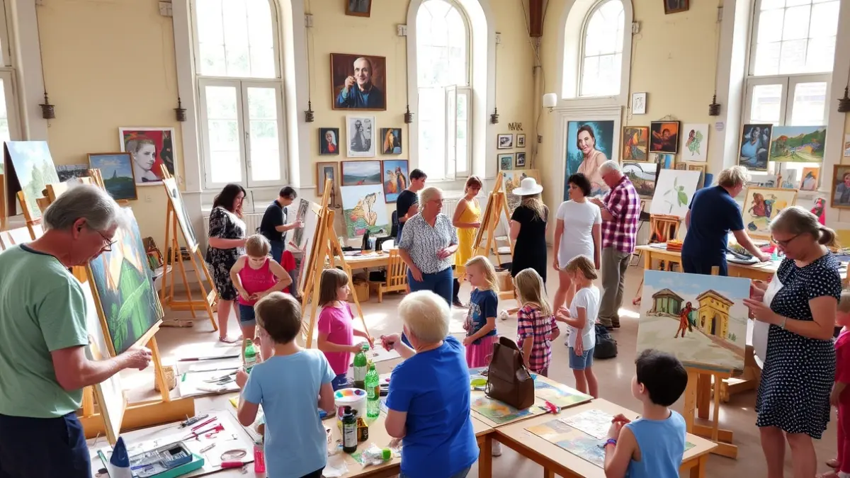 Imatge d'un taller d'art multidisciplinari amb adults i xiquets participant en activitats creatives en un edifici històric.
