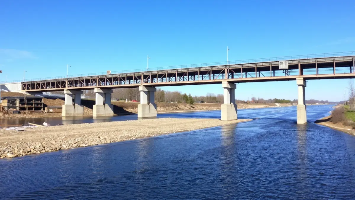 Imatge d'un pont en reconstrucció sobre un riu, amb materials de construcció visibles, sota un cel blau clar.