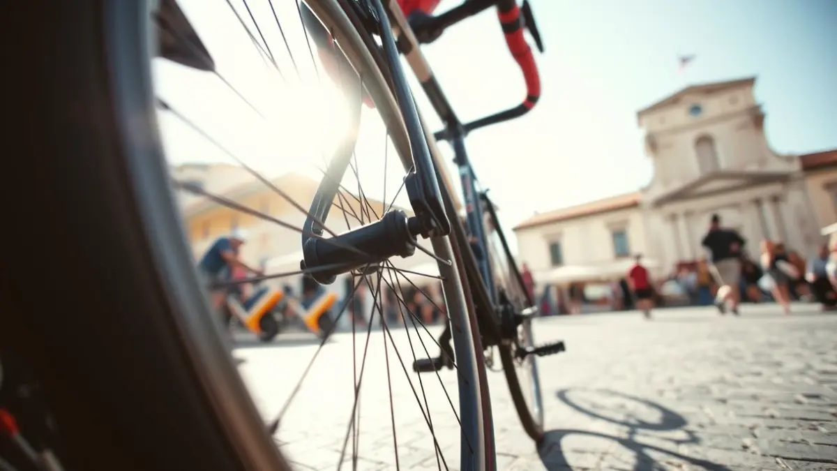 Imatge genèrica d'una roda de bicicleta de carrera en un entorn urbà.