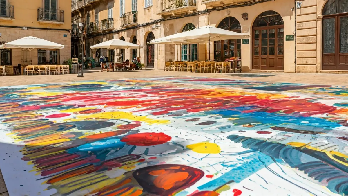 Image of a large outdoor canvas in a square, with colorful and abstract artworks created by various people.