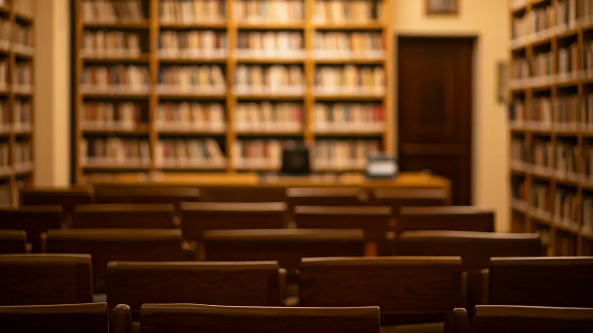 Imatge genèrica d'una biblioteca o sala de lectura amb un faristol i cadires buides, il·luminació càlida.