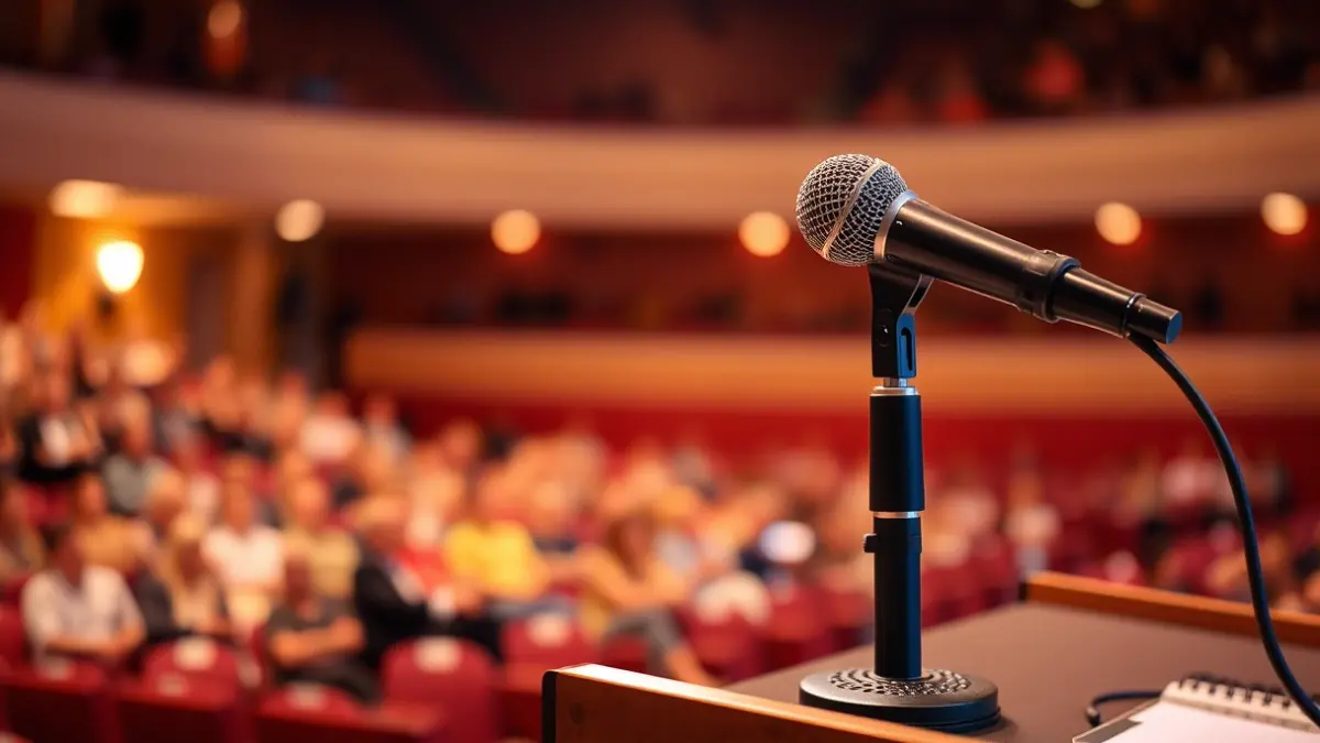 Imatge genèrica d'un micròfon en un faristol en un teatre, amb seients borrosos al fons.