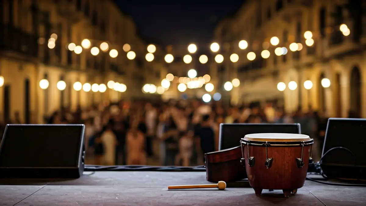 Imatge genèrica d'una guitarra flamenca i un caixó en un escenari, amb llums borroses i ambient festiu.
