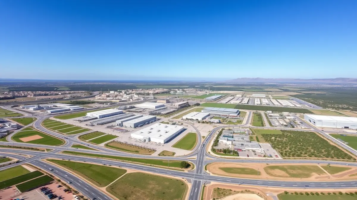 Generic image of a modern industrial area with roads and green spaces.