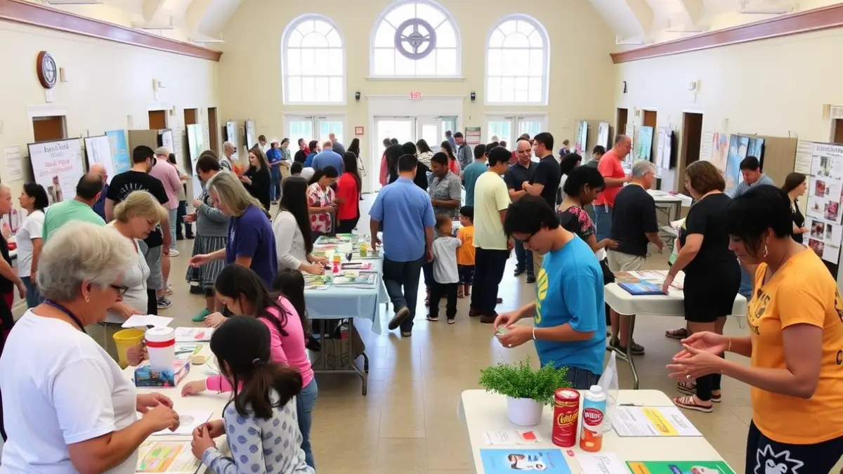 Generic image of a community health fair with activities and workshops in a municipal building.