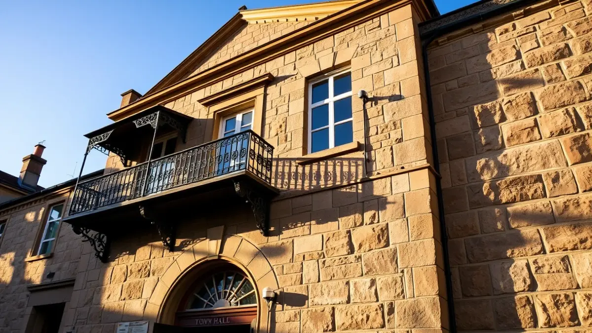 Stone town hall facade with balcony and iron railings, with afternoon sunlight.