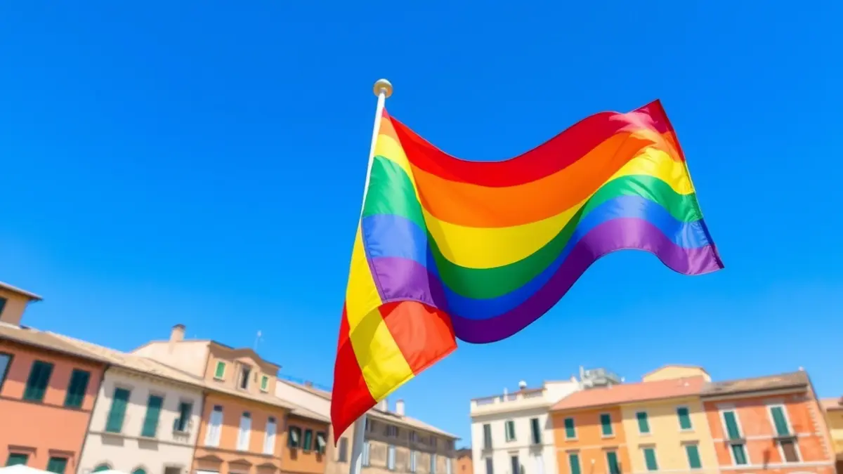 Generic image of a rainbow flag waving in a Mediterranean square, symbolizing diversity and inclusion.