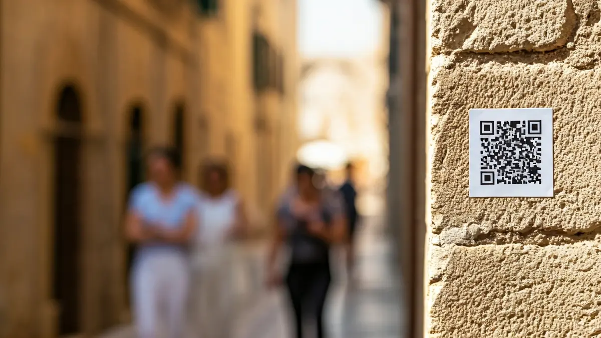 Generic image of a QR code on a stone wall in a historic Mediterranean town.