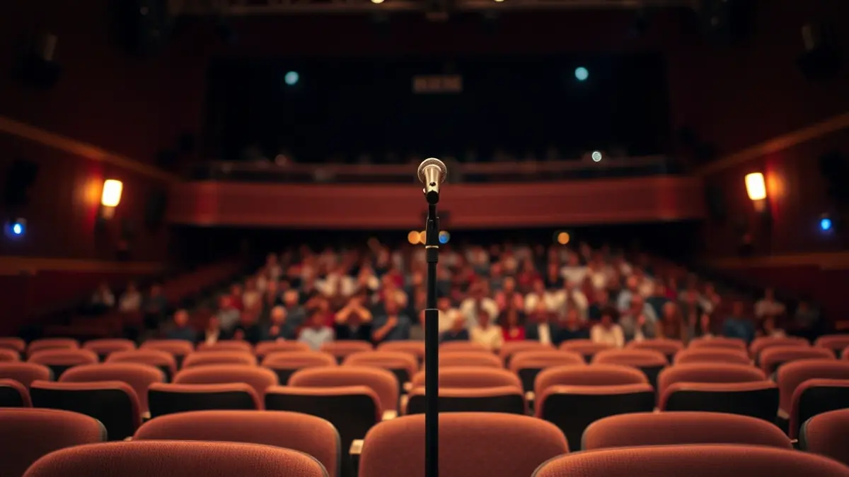 Generic image of a theater stage with a microphone, with empty seats in the foreground and blurred audience in the background.