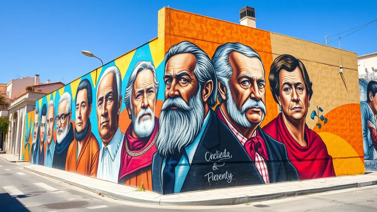 Imatge d'un mural literari en un carrer d'Ondara, amb retrats d'escriptors valencians.