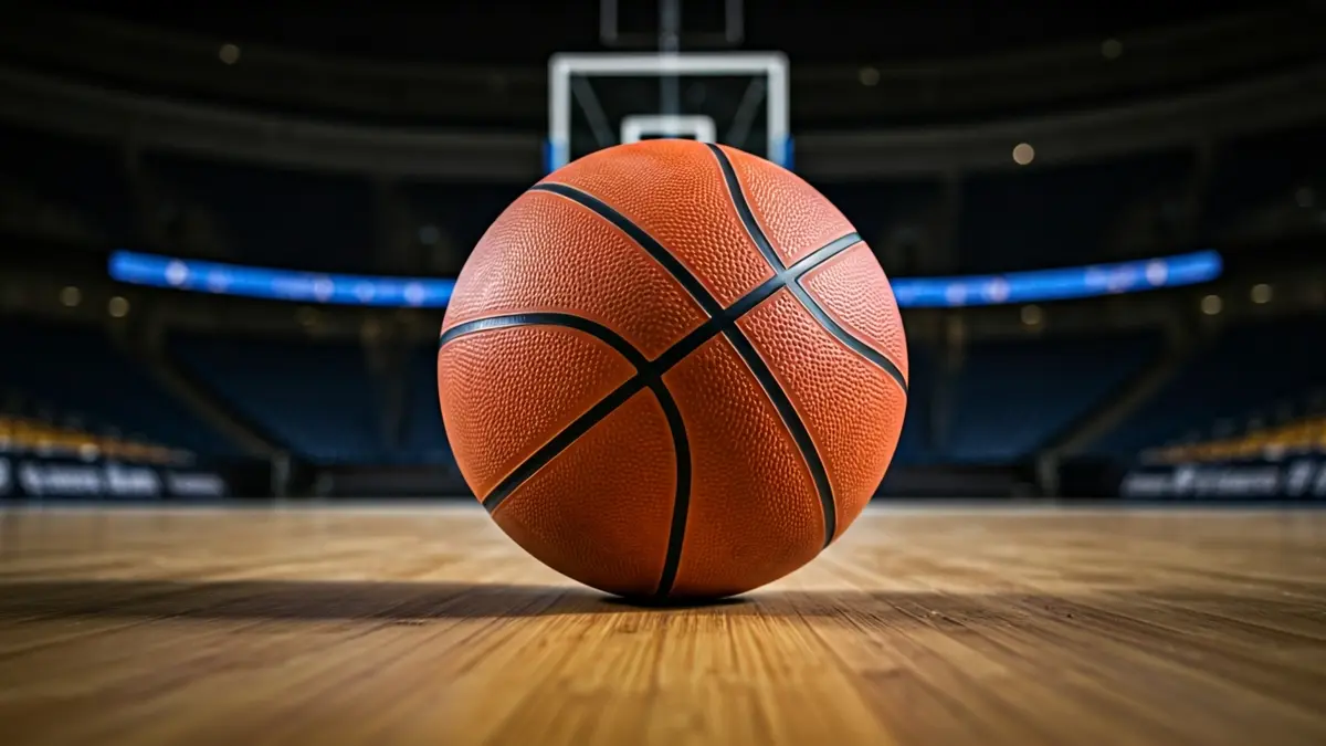 Generic image of a basketball on a wooden court.