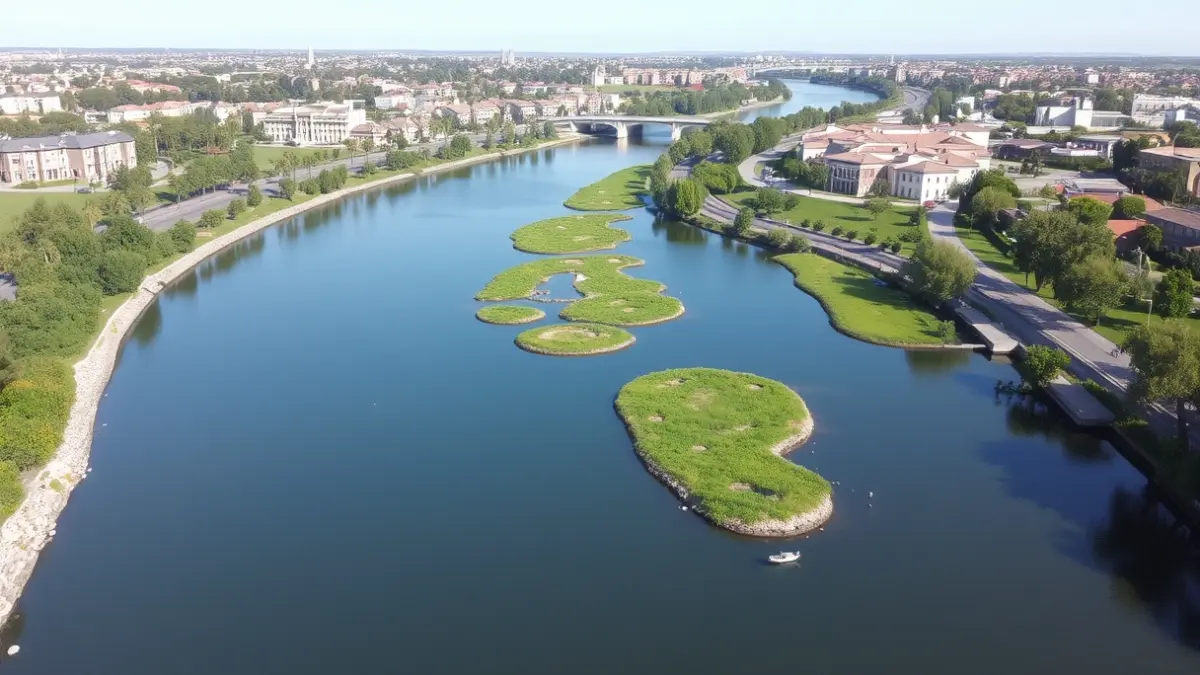 Aerial view of the Clariano river and the Mamás Belgas floodable park in Ontinyent.