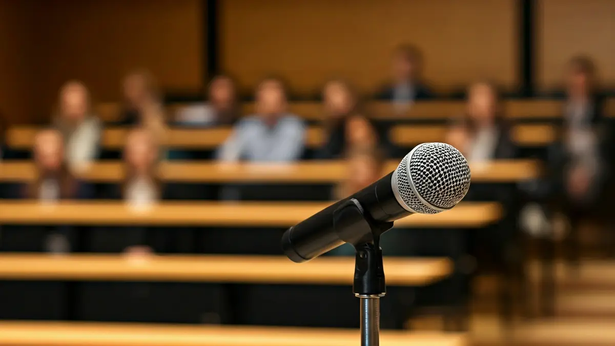 Generic image of a microphone on a podium in an academic setting.