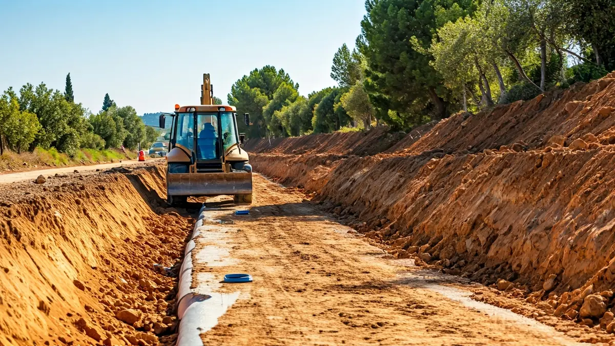 Imagen de obras en una carretera con maquinaria pesada y tubos de drenaje.