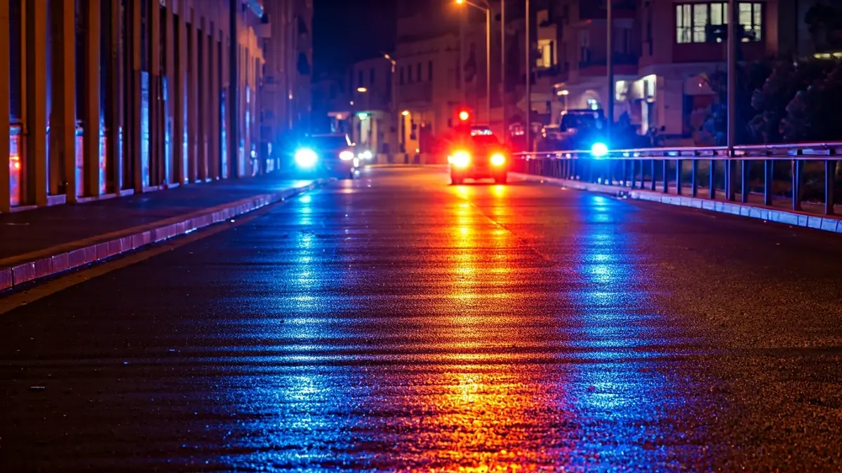 Imagen genérica de luces de emergencia reflejándose sobre el asfalto mojado de noche.