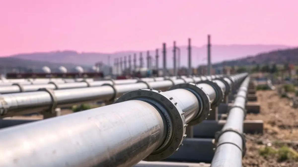 Image of industrial steel pipes, with a blurred background of an industrial area.
