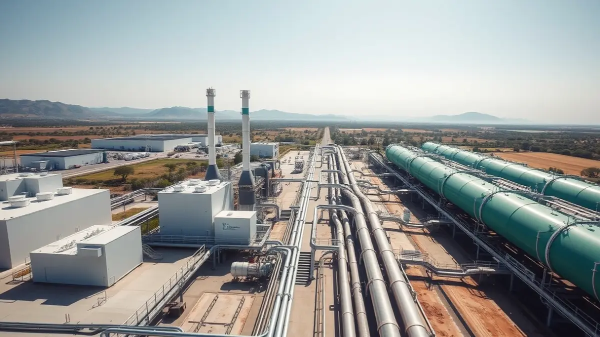 Imagen genérica de una planta de producción de hidrógeno verde en un área industrial.