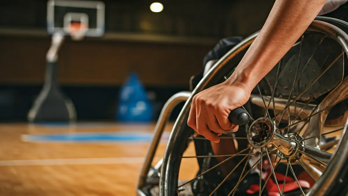 Generic image of a wheelchair football player in action, with hands on the wheels and blurred court in the background.