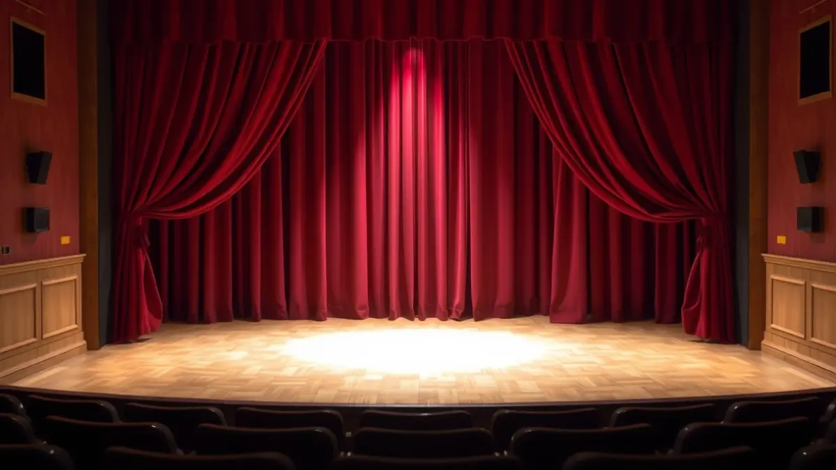 Generic image of a theater stage with red curtains and empty seats.