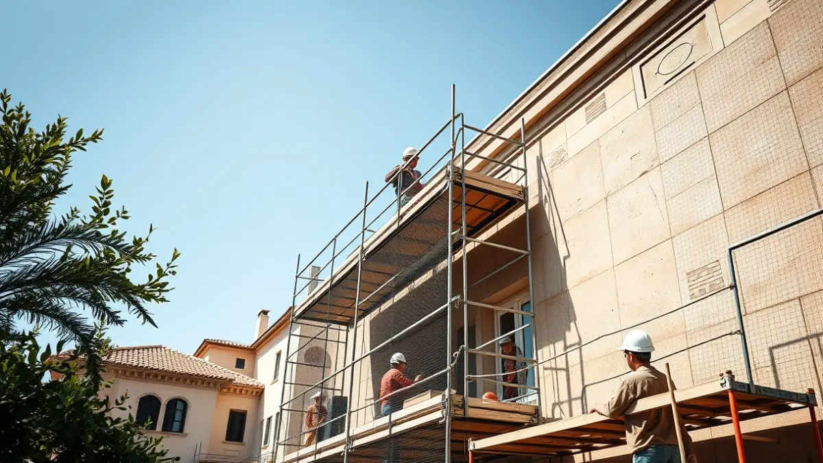 Imatge d'obres de rehabilitació en un edifici, amb bastides i xarxes de seguretat.