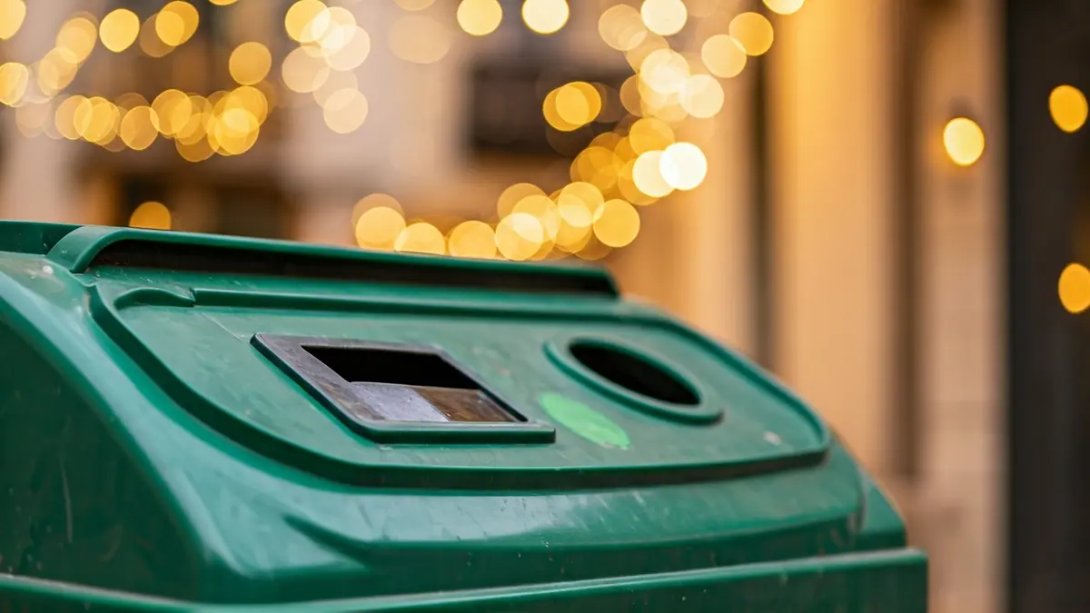 Imatge genèrica d'un contenidor de reciclatge de vidre verd, amb un fons festiu desenfocat.