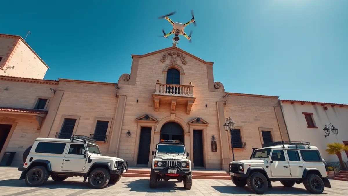 Imatge de vehicles tot terreny i un dron davant d'un ajuntament, simbolitzant el reforç de la Policia Local d'Oriola.