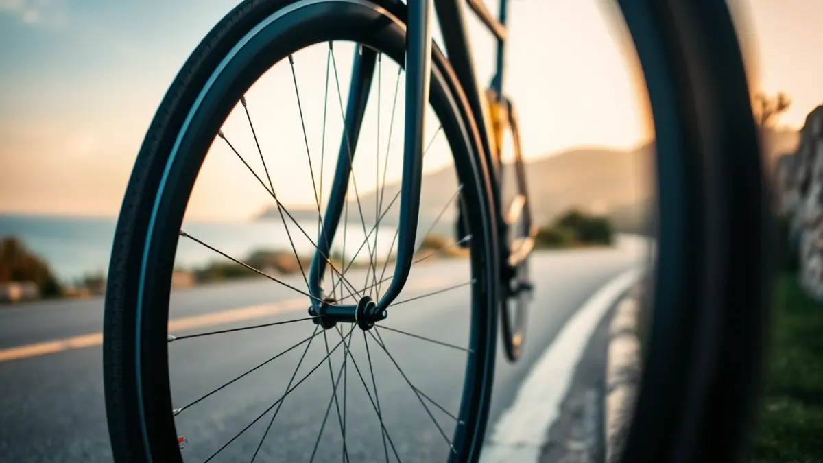 Imatge genèrica d'una roda de bicicleta de carretera en una ruta costanera mediterrània.