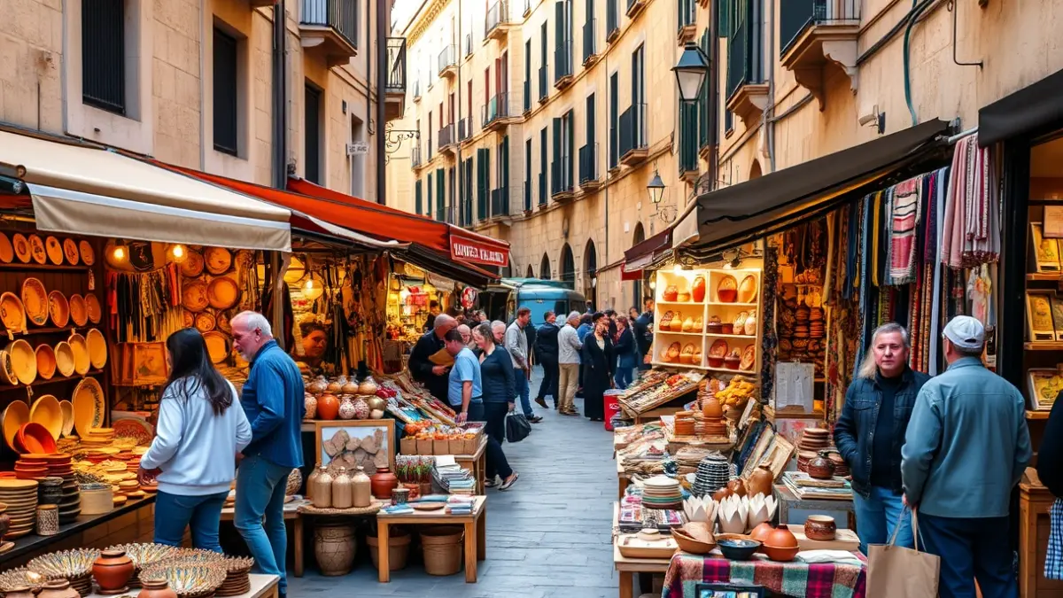 Image of a craft fair in a historic street, with stalls and people walking around.
