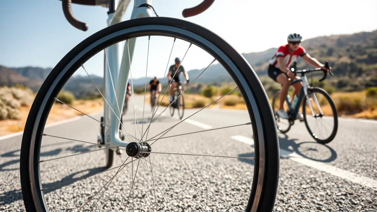 Imatge genèrica d'una roda de bicicleta de carretera en asfalt, amb ciclistes desenfocats en el fons en un paisatge mediterrani.