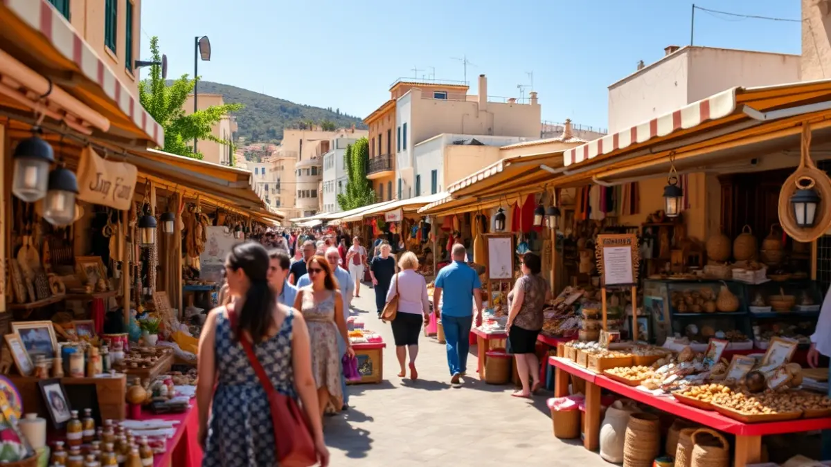 Image of an artisan market in a Mediterranean town, with stalls displaying traditional products and crafts.