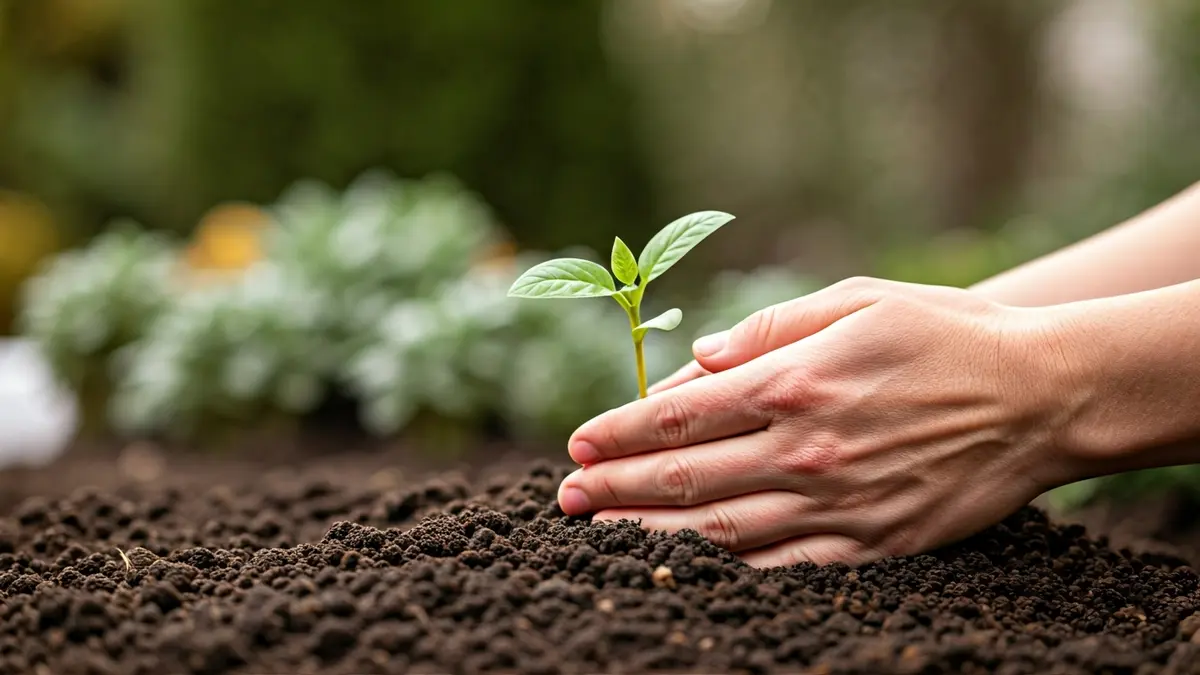 Imatge genèrica de mans plantant una petita planta en terra fèrtil.