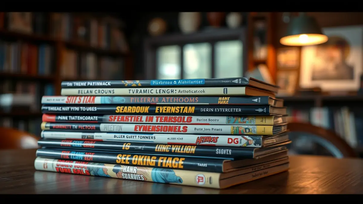 Imagen genérica de cómics y novelas gráficas en una mesa de madera, con un fondo borroso de un rincón de lectura acogedor.