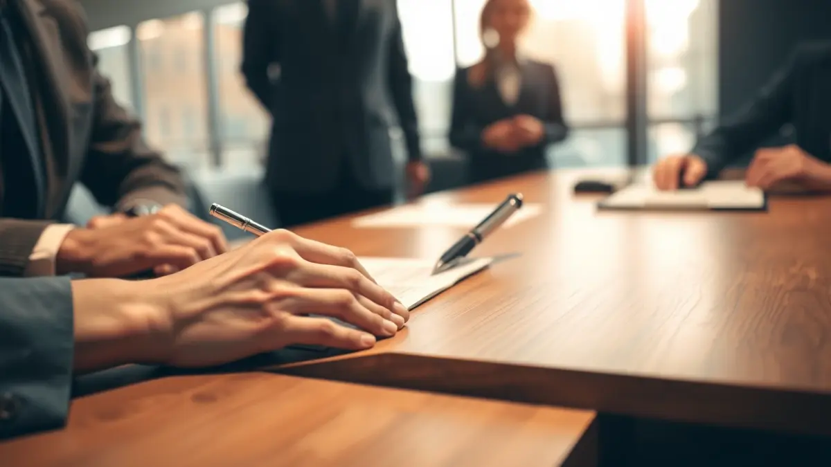 Generic image of a work meeting with documents and hands signing.