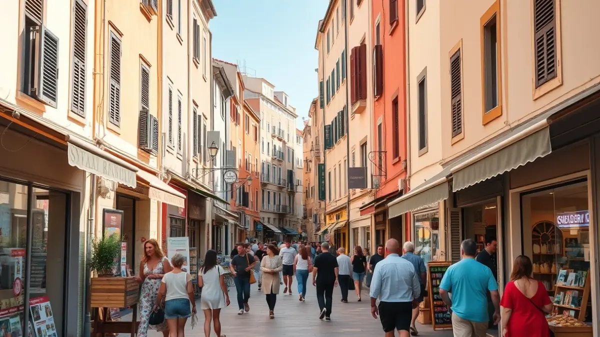 Generic image of a lively commercial street in a Mediterranean town, with shops and pedestrians, suggesting economic activity and recovery.