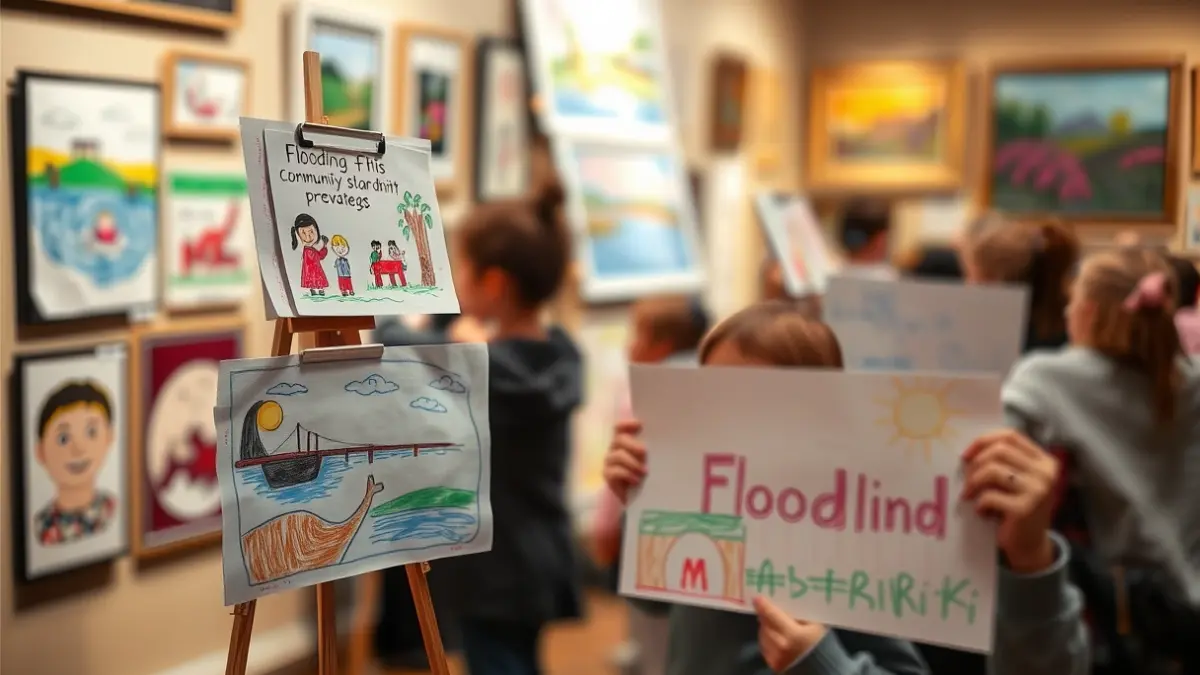 Image of an exhibition of children's drawings in an art gallery, with artworks depicting scenes of floods and community solidarity.