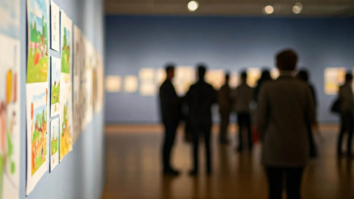 Imatge d'una exposició de dibuixos infantils en un museu, amb obres d'art valencianes al costat.