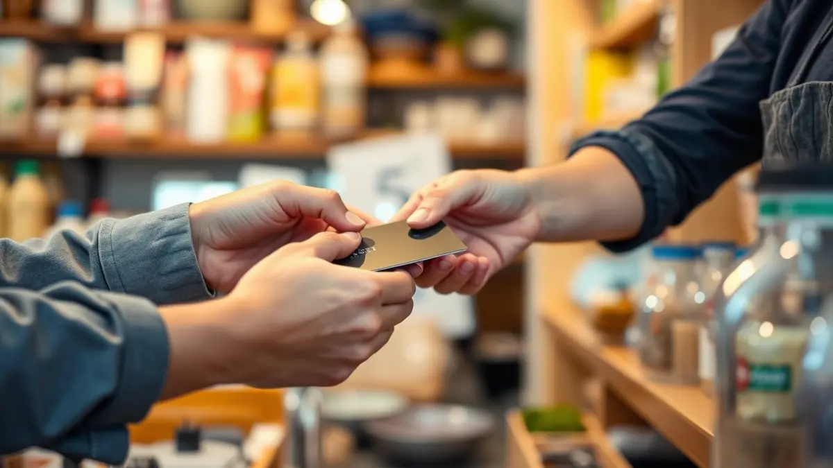 Imatge genèrica d'una transacció en un comerç local, amb les mans intercanviant diners o una targeta de crèdit.
