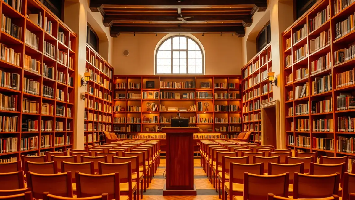 Generic image of a library with wooden bookshelves and a cozy reading atmosphere.