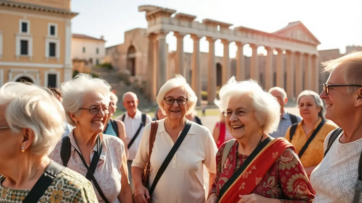 Imagen de un grupo de personas mayores en una visita guiada por una ciudad histórica.