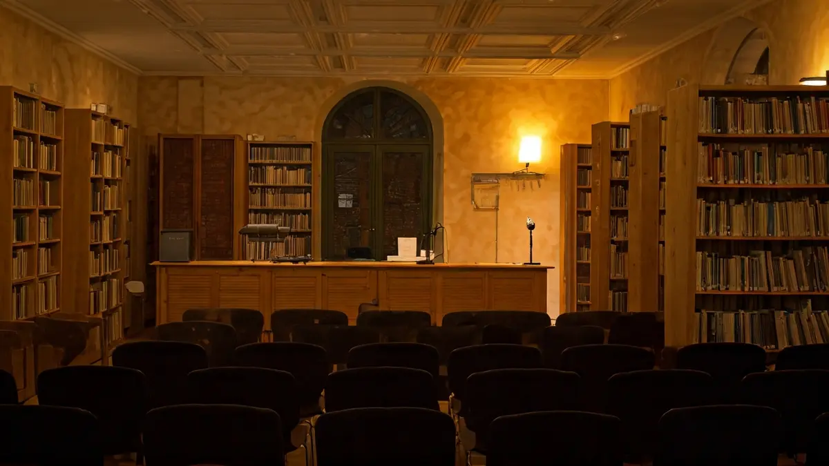 Imatge genèrica d'una sala d'exposicions o biblioteca amb un micròfon i cadires buides.