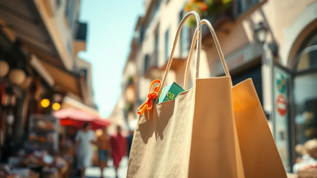 Imatge genèrica d'una bossa de compra amb un regal, en un ambient de comerç local.