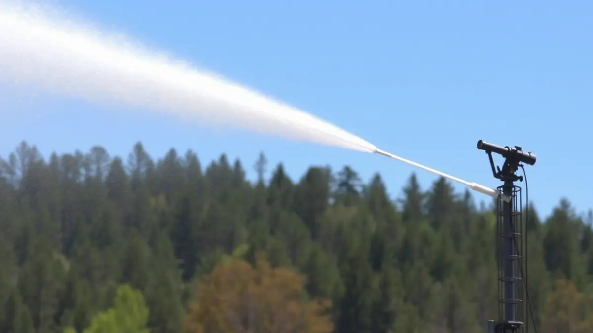 Image of a high-pressure water cannon spraying water over a forest area as a preventive measure against fires.