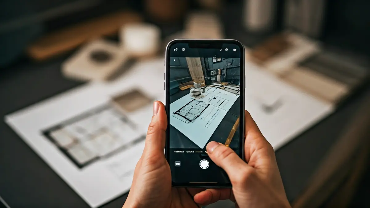 Generic image of a hand holding a phone with interior designs.