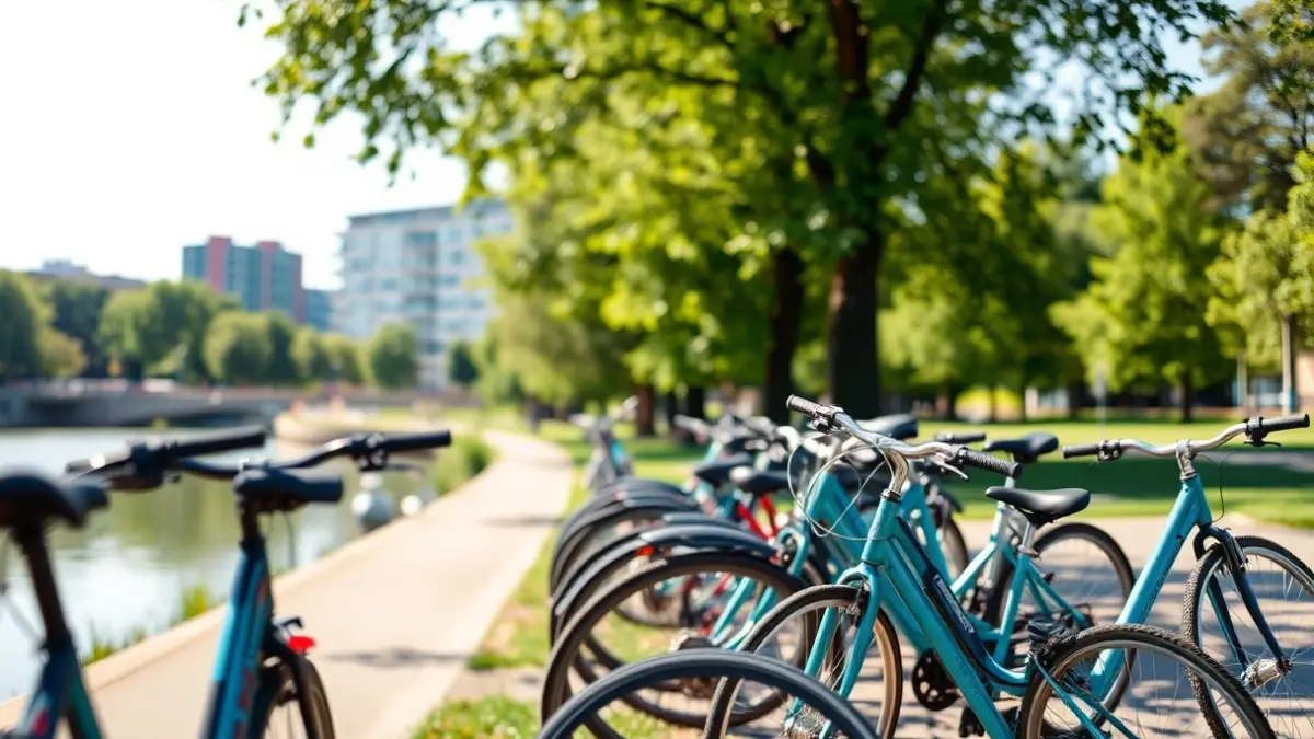 Generic image of bicycles parked near a river, with greenery and a modern building in the background, on a sunny day.