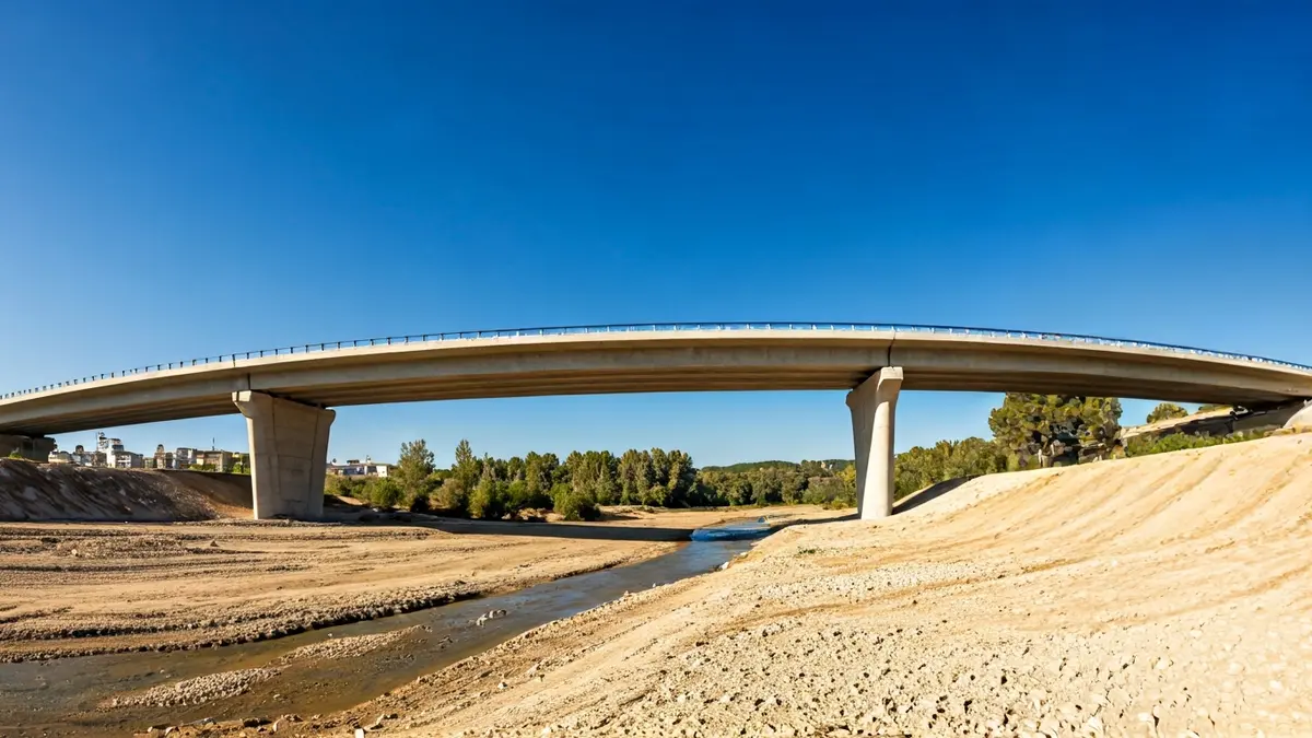 Imatge d'un pont reconstruït sobre un barranc sec, amb estructures de formigó modernes.