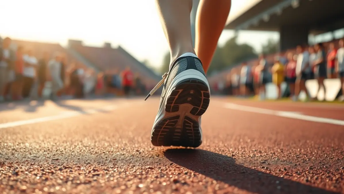 Imagen genérica de una zapatilla de correr en una pista de atletismo, con una multitud borrosa al fondo.